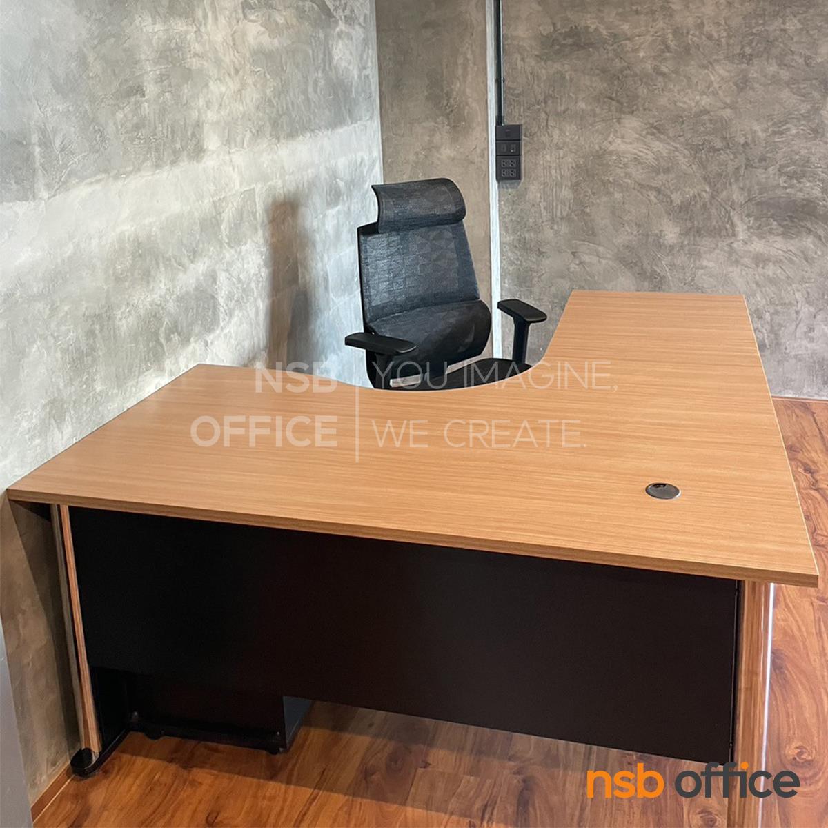 เจาะรูสำหรับร้อยสายไฟ พร้อมตัวเก็บสายไฟกลมขนาด 6Di ซม.  โต๊ะทำงานตัวแอลหน้าโค้งเว้า