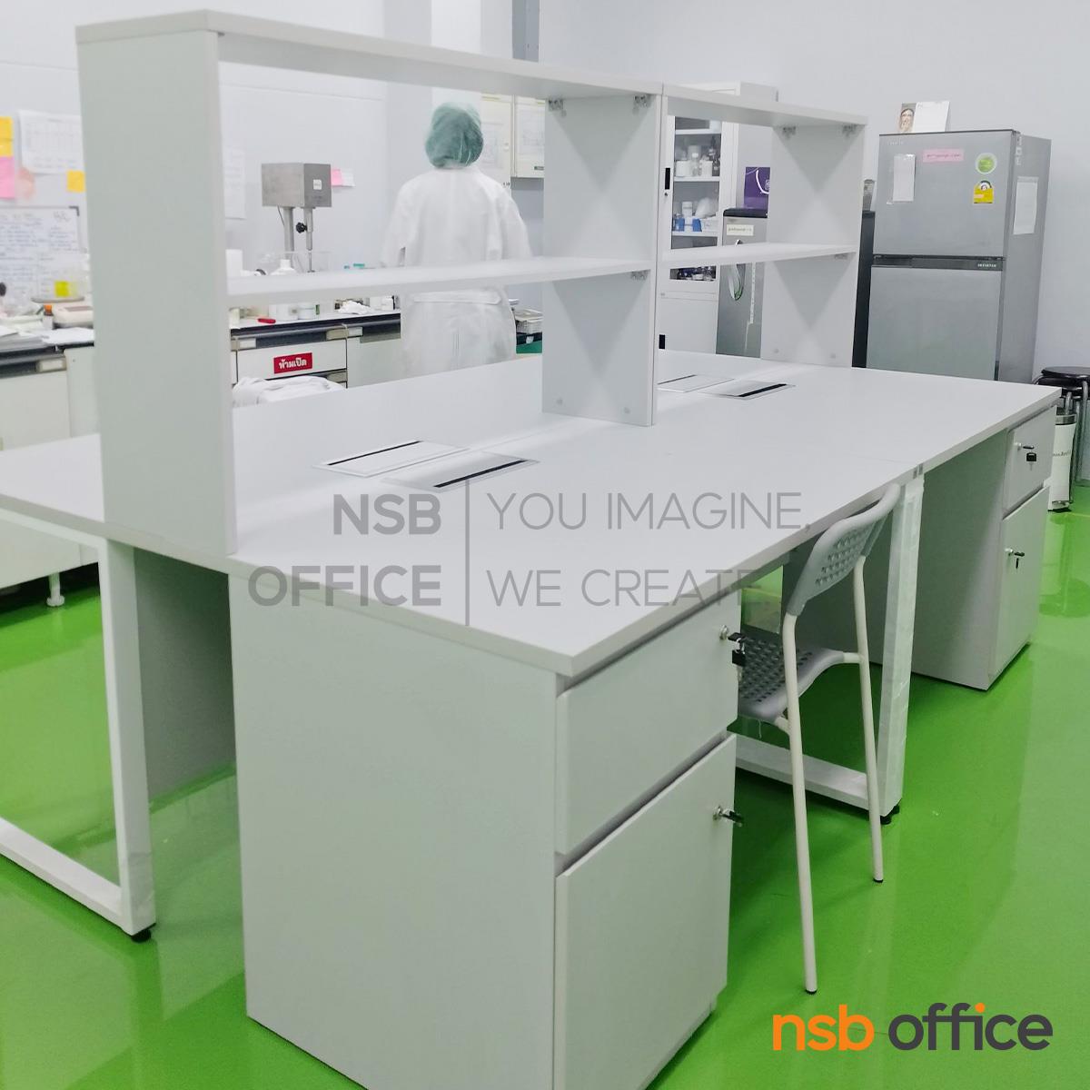 โต๊ะห้องแล็บ ท็อปลามิเนต HPL แบบมีชั้นต่อบน  รุ่น Courtney (คอร์ทนีย์) พร้อมป๊อปอัพ กึ่งกลางโต๊ะ รุ่น A24A047-1 