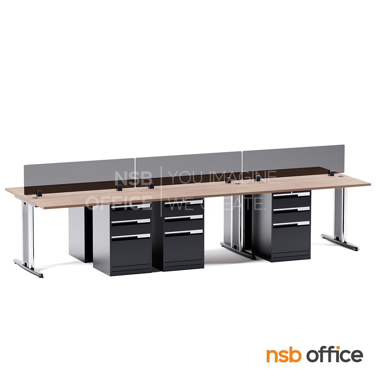 ชุดโต๊ะทำงานกลุ่ม 6 ที่นั่ง  รุ่น WS026G ขนาด 360W, 480W cm. พร้อมมินิสกรีนกระจกและตู้ 3 ลิ้นชักเหล็ก  ขาเหล็ก