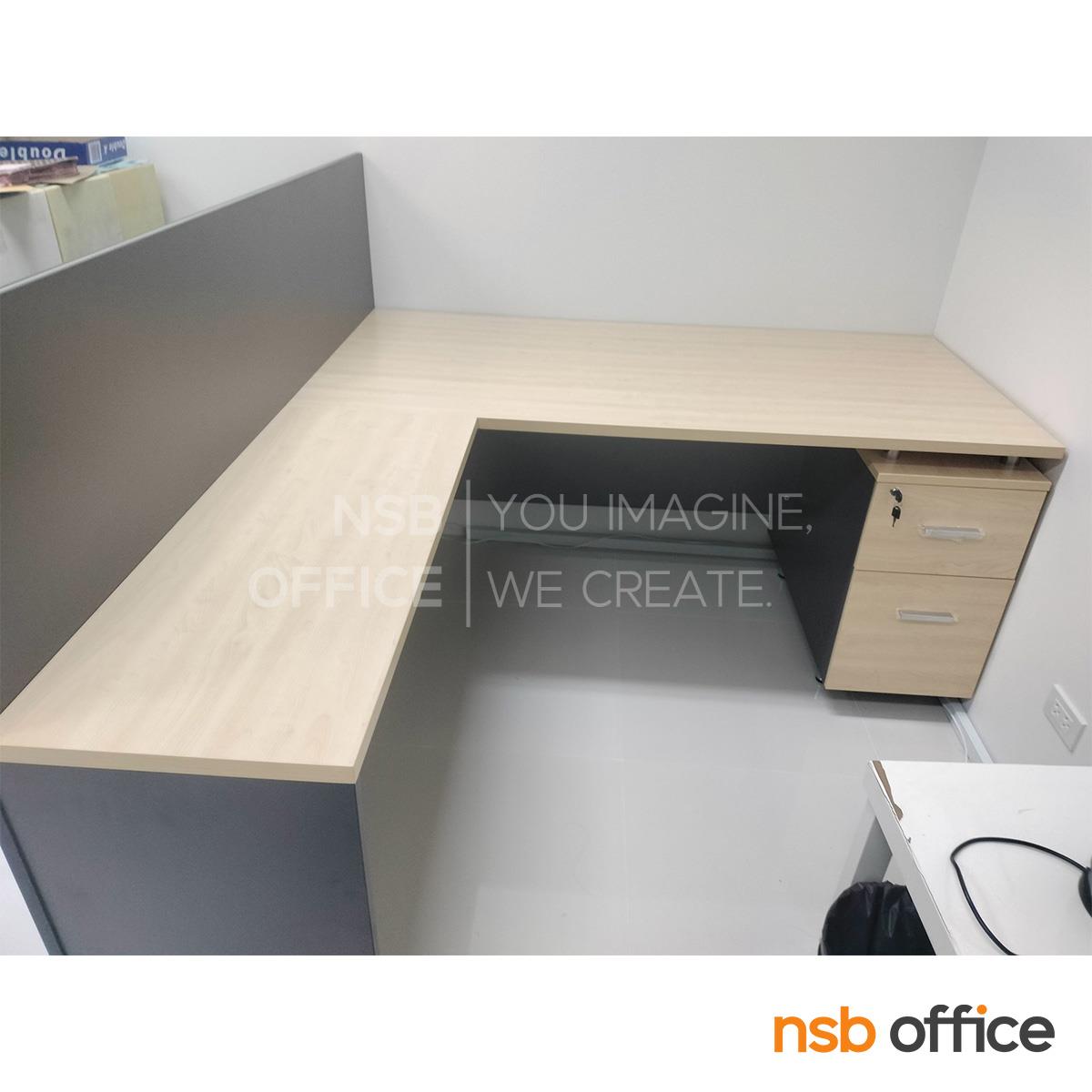 โต๊ะทำงานตัวแอล 2 ลิ้นชัก  รุ่น MN-WYT1416 ขนาด 140W ,160W cm.  พร้อมแผ่นไม้กั้นข้างโต๊ะ เมลามีน