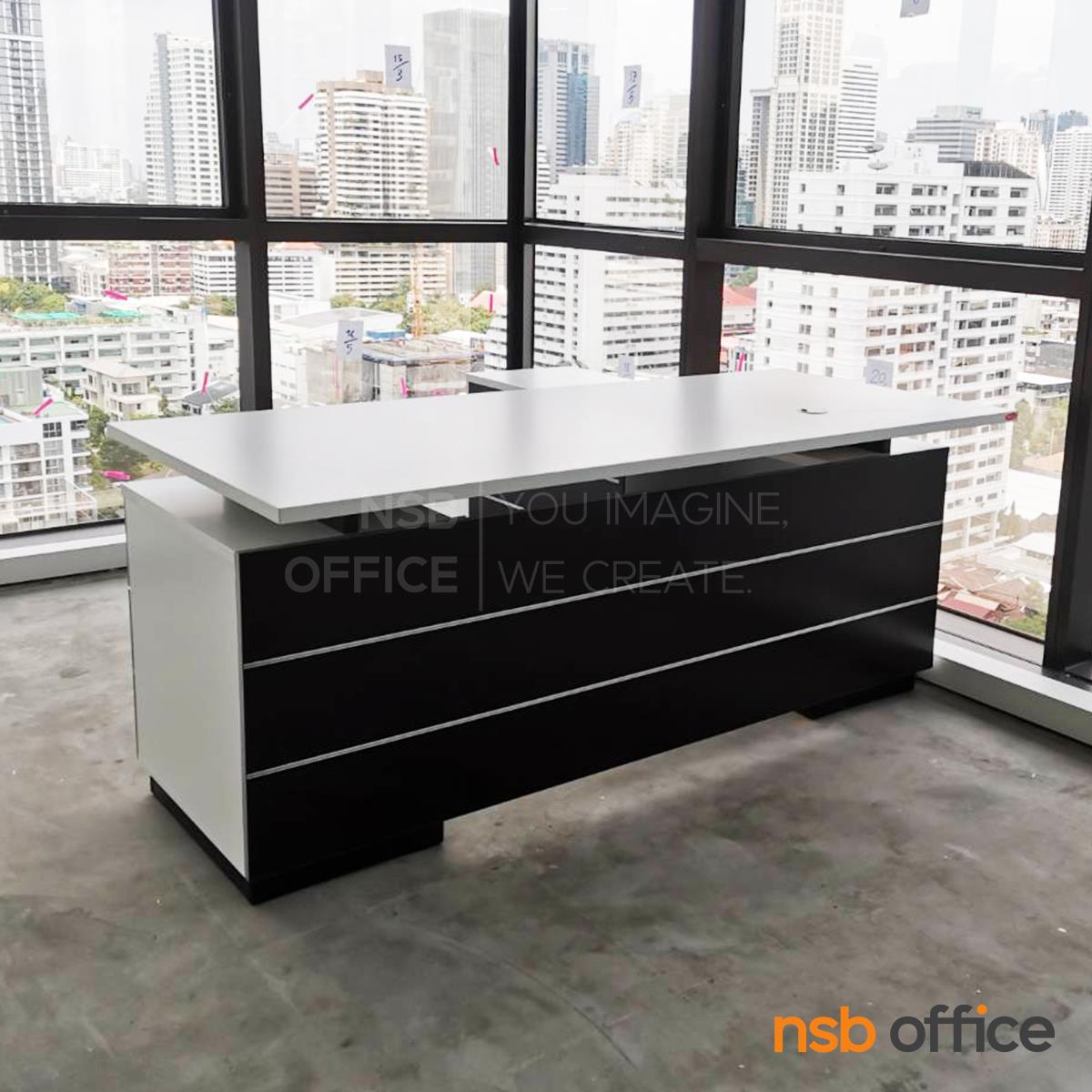 A15A008:โต๊ะทำงานตัวแอล 2 ลิ้นชัก รุ่น Breyer (เบรเยอร์) ขนาด 1801W*180W2 cm. พร้อมตู้ข้าง สีเวงเก้-ขาว