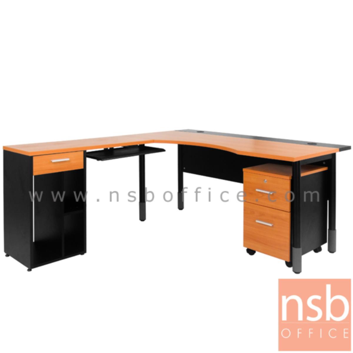 โต๊ะทำงานตัวแอลหน้าโค้งเว้า  รุ่น MN-MNG ขนาด 160W*80W2 cm. พร้อมตู้ลิ้นชักล้อเลื่อน