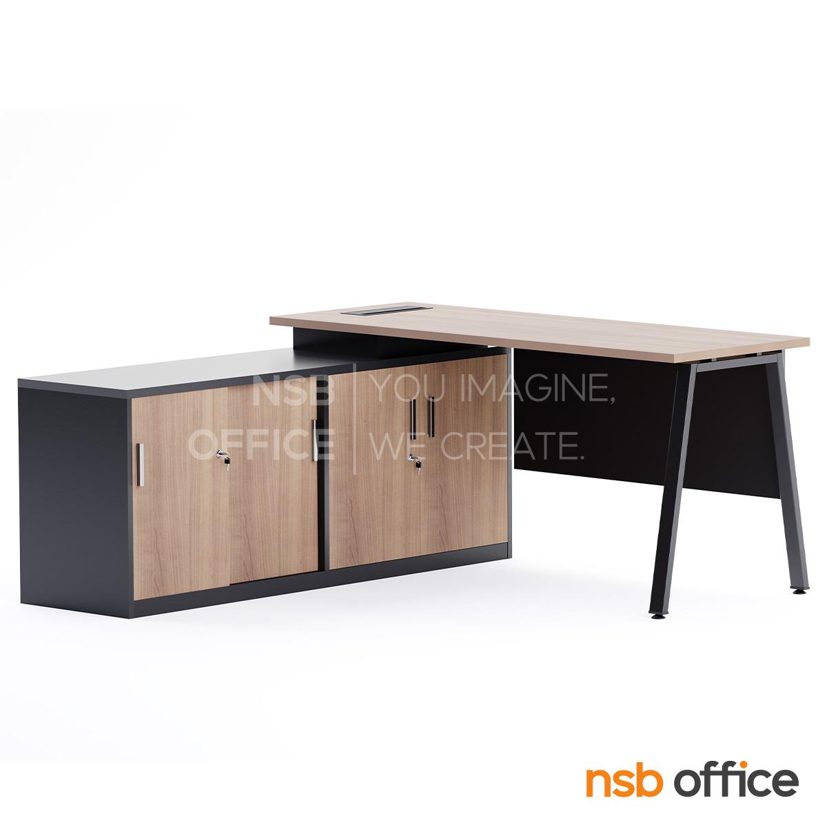 โต๊ะผู้บริหารตัวแอล  รุ่น Slash-6 (สแลช-6) ขนาด 160W, 180W cm.  พร้อมตู้ข้างและรางไฟรุ่น A24A034-1 ขาเหล็ก