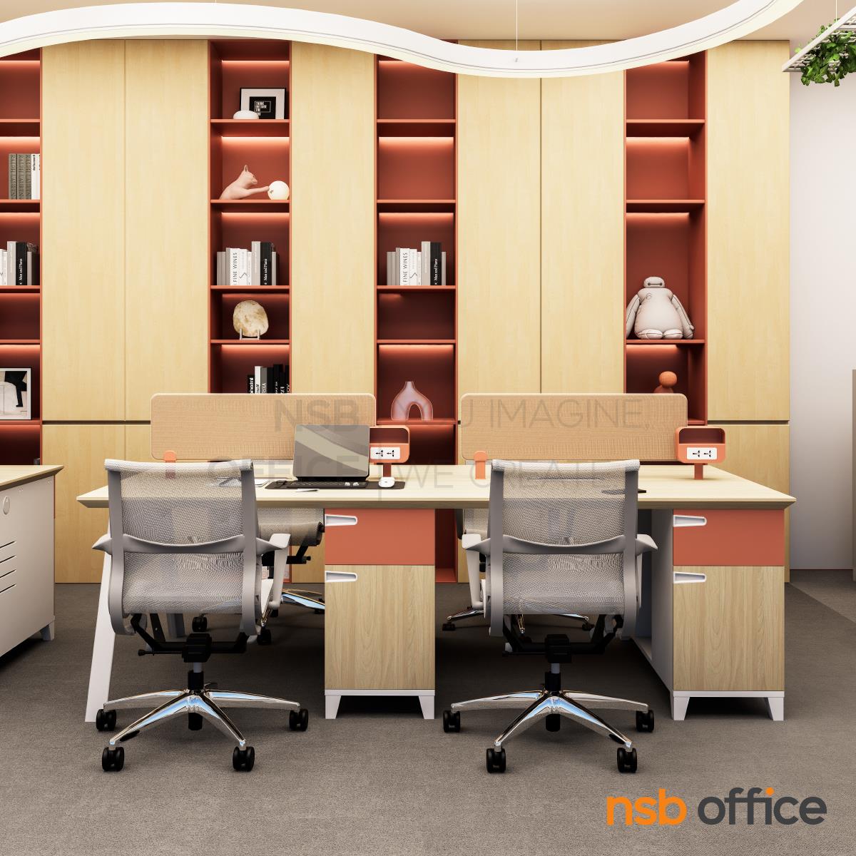 โต๊ะทำงานกลุ่ม 4 ที่นั่ง เสริมมินิสกรีนและตู้เก็บของ รุ่น Trifle (ไทรเฟิล)  พร้อมเก้าอี้สำนักงานหลังเน็ต