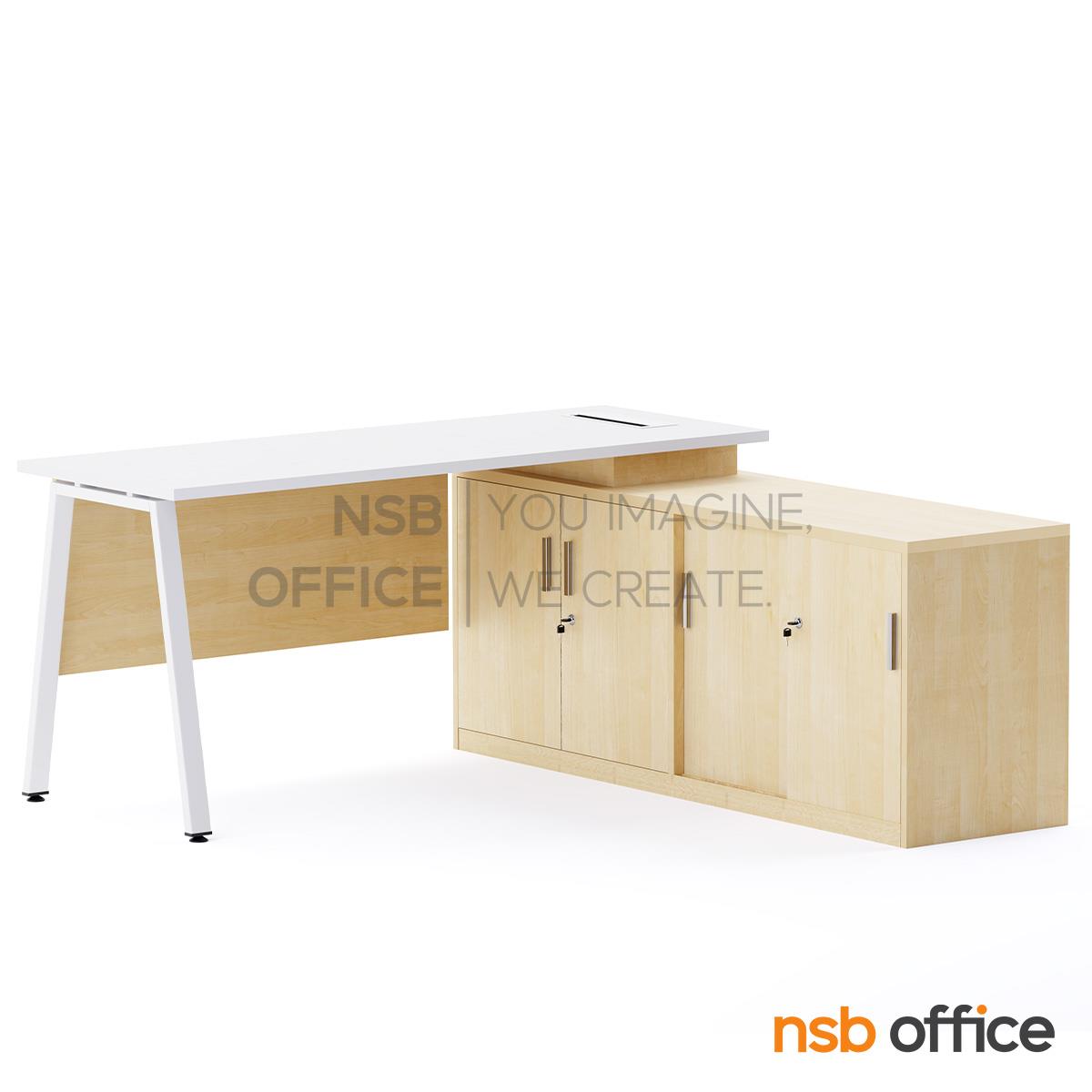 โต๊ะผู้บริหารตัวแอล  รุ่น Slash-6 (สแลช-6) ขนาด 160W, 180W cm.  พร้อมตู้ข้างและรางไฟรุ่น A24A034-1 ขาเหล็ก