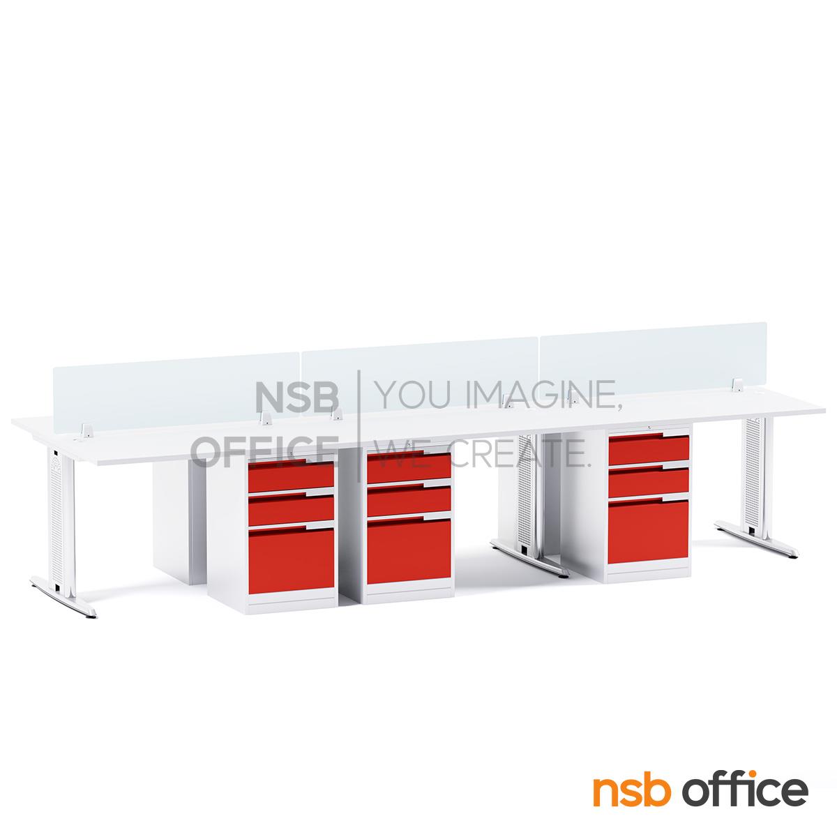 ชุดโต๊ะทำงานกลุ่ม 6 ที่นั่ง  รุ่น WS026G ขนาด 360W, 480W cm. พร้อมมินิสกรีนกระจกและตู้ 3 ลิ้นชักเหล็ก  ขาเหล็ก