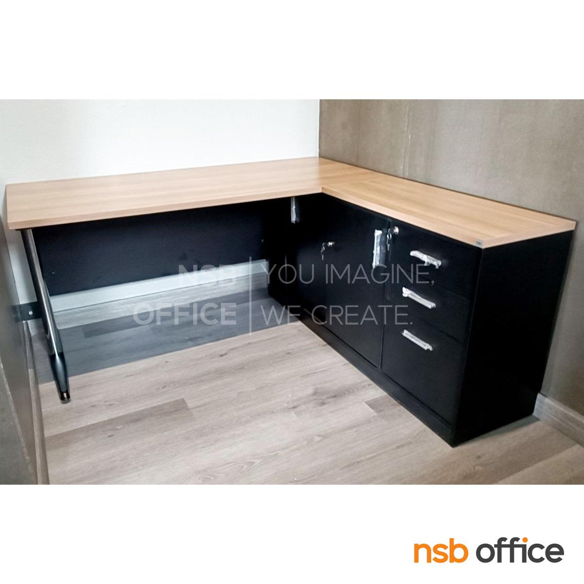โต๊ะทำงานตัวแอล รุ่น NSB-NEW 2 ขนาด 135W, 150W, 180W cm. พร้อมบังโป๊และตู้ข้าง ขาเหล็กตัวแอล