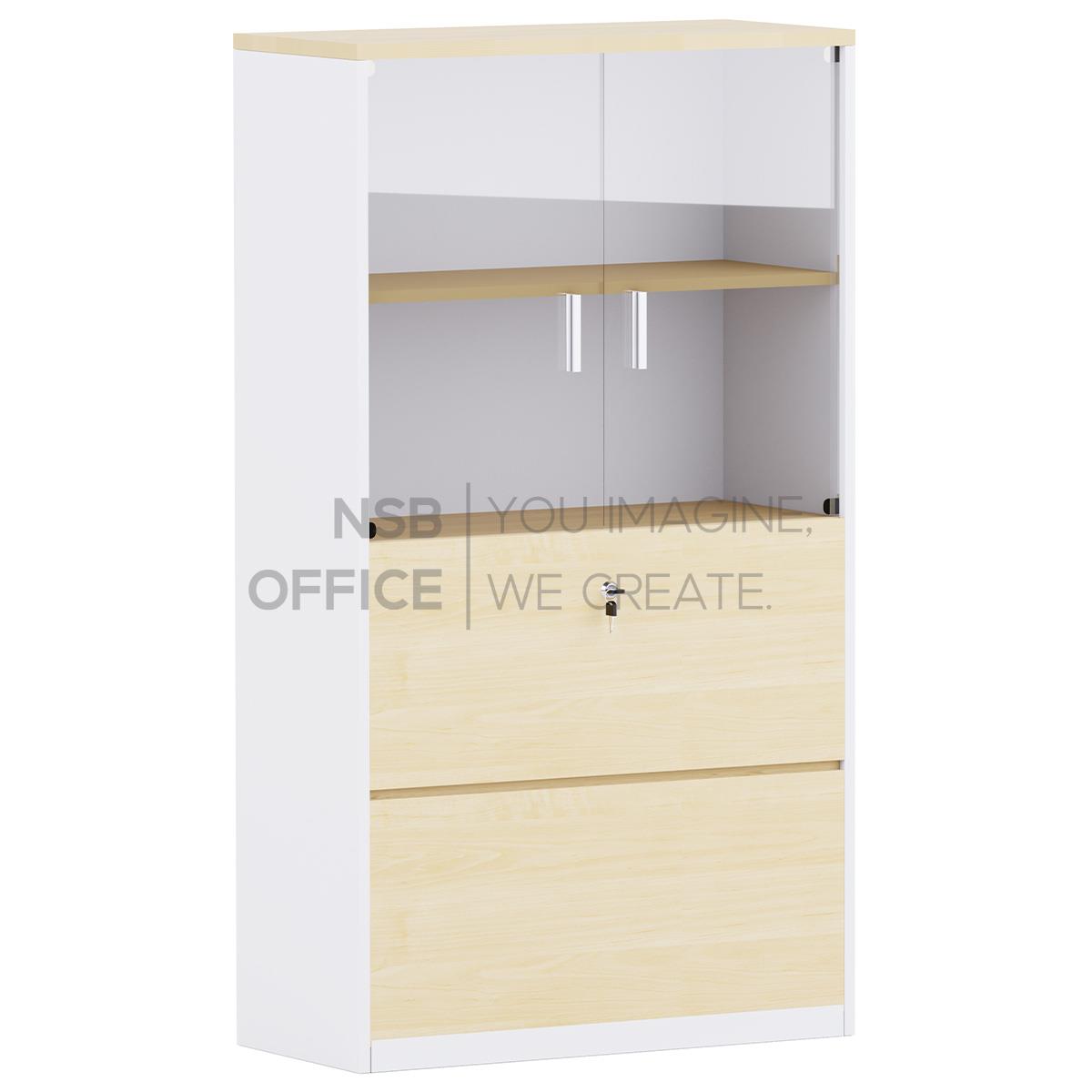 ตู้เอกสาร  2 บานกระจก 2 ลิ้นชักแฟ้มแขวน รุ่น EP-011 สูง 160 cm. เมลามีน บานเพ่ 