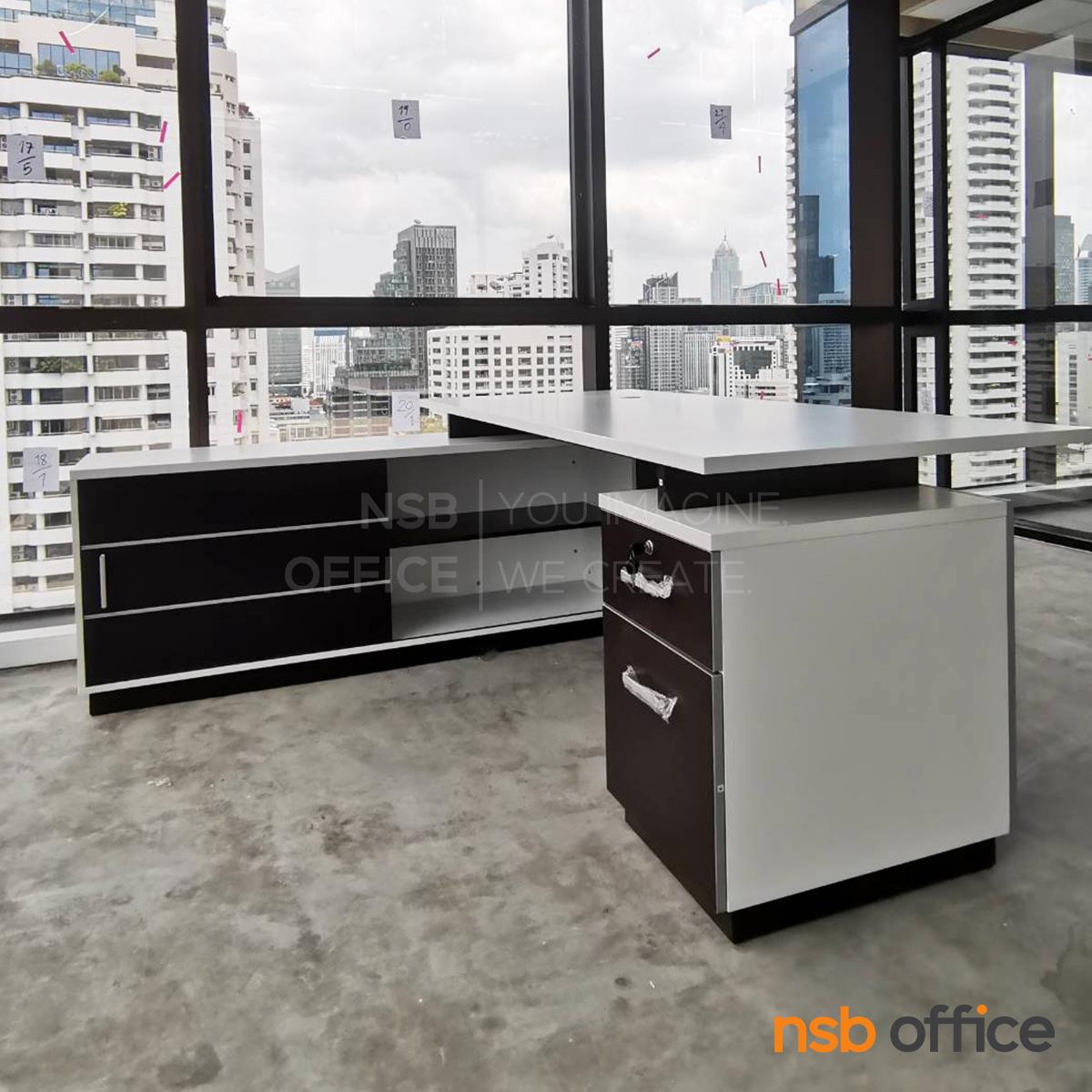 โต๊ะทำงานตัวแอล 2 ลิ้นชัก รุ่น Breyer (เบรเยอร์) ขนาด 1801W*180W2 cm. พร้อมตู้ข้าง สีเวงเก้-ขาว