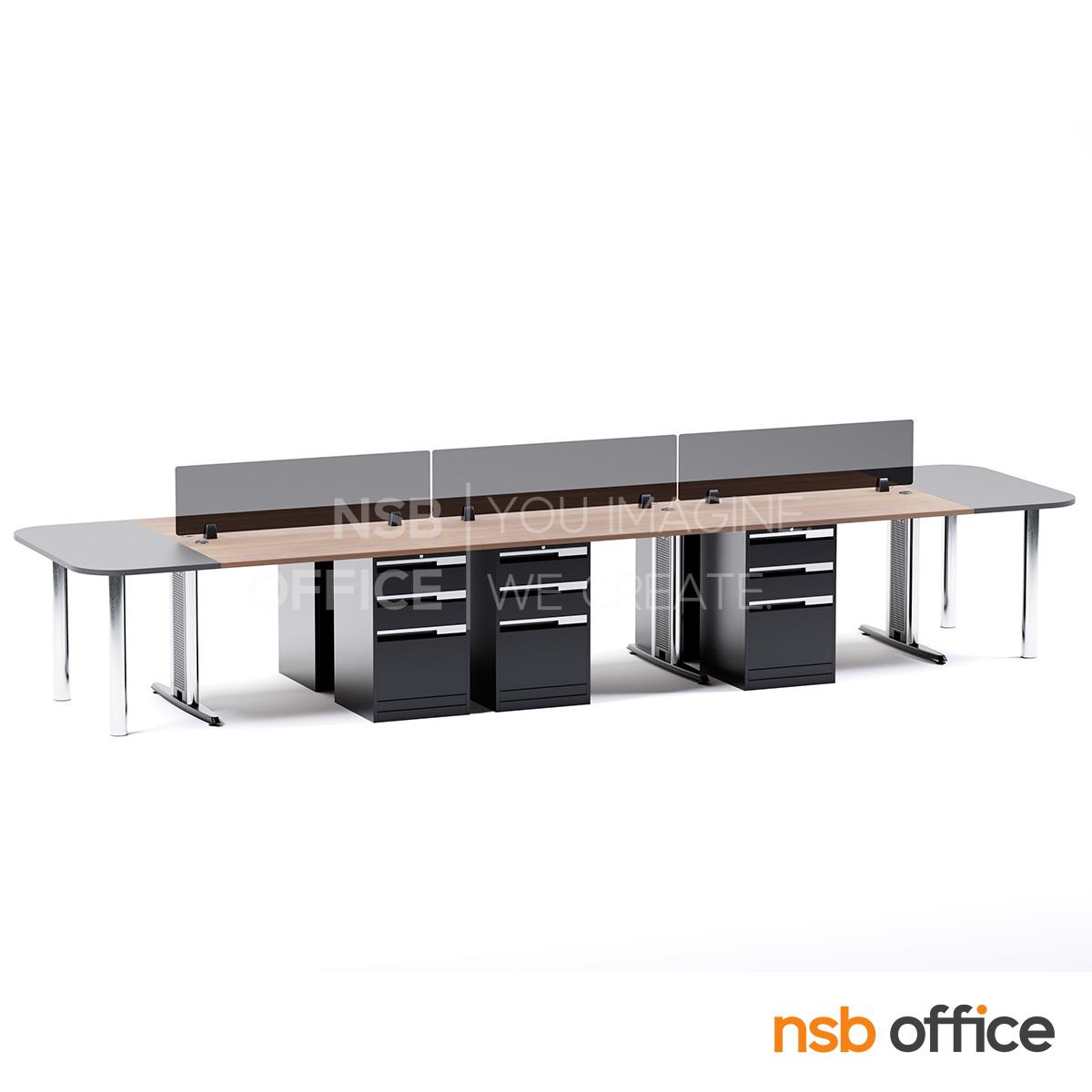 ชุดโต๊ะทำงานกลุ่ม 6 ที่นั่ง  รุ่น WS026G ขนาด 360W, 480W cm. พร้อมมินิสกรีนกระจกและตู้ 3 ลิ้นชักเหล็ก  ขาเหล็ก