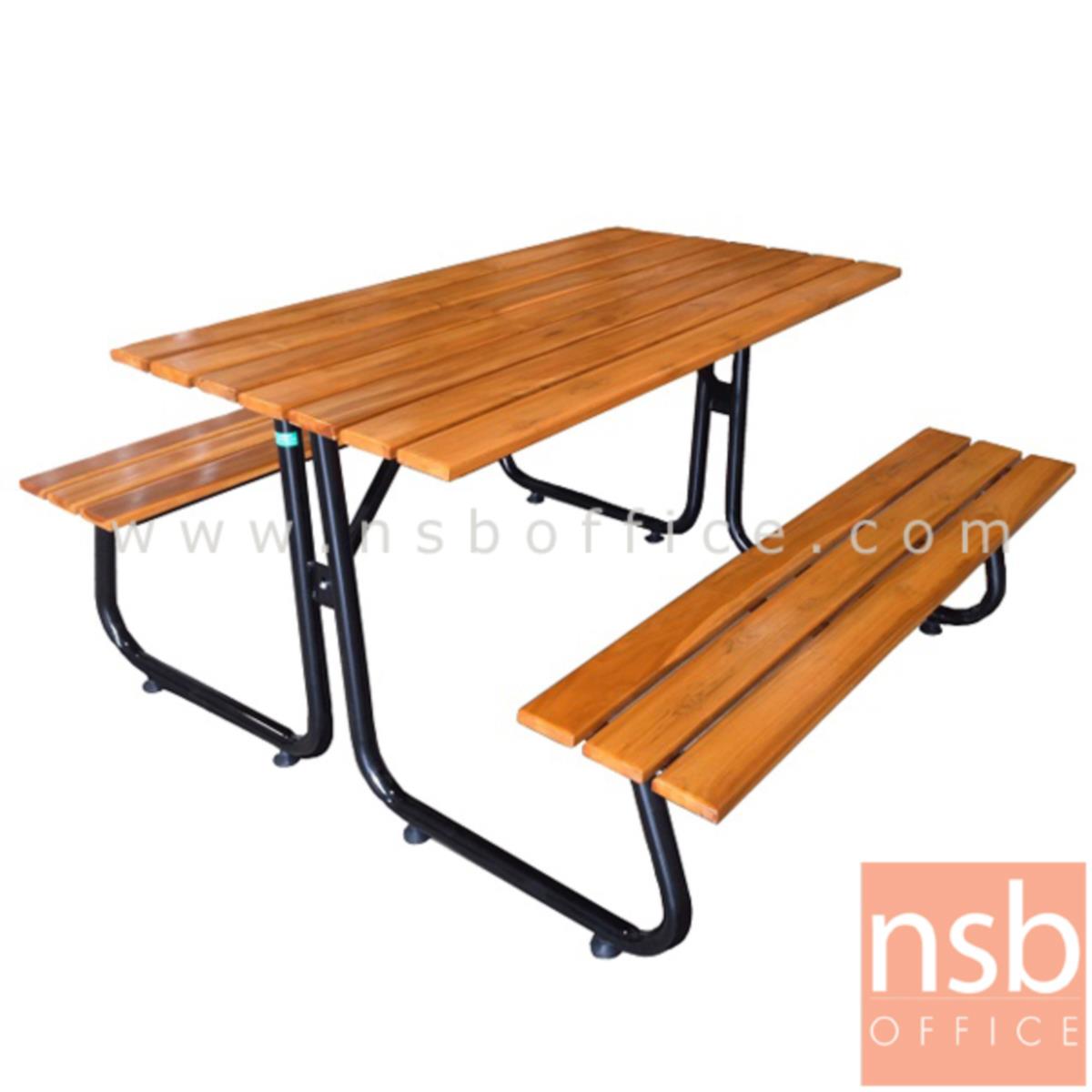 ชุดโต๊ะและเก้าอี้โรงอาหารหน้าไม้สักตีระแนง รุ่น PM-8 ขนาด 120W ,150W ,180W cm.  โครงเหล็ก