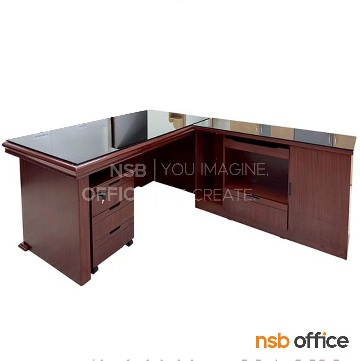 โต๊ะผู้บริหารตัวแอลหน้ากระจก  รุ่น Albero (อัลเบโร) ขนาด 160W และ 180W cm.  พร้อมตู้ข้างและตู้ลิ้นชัก