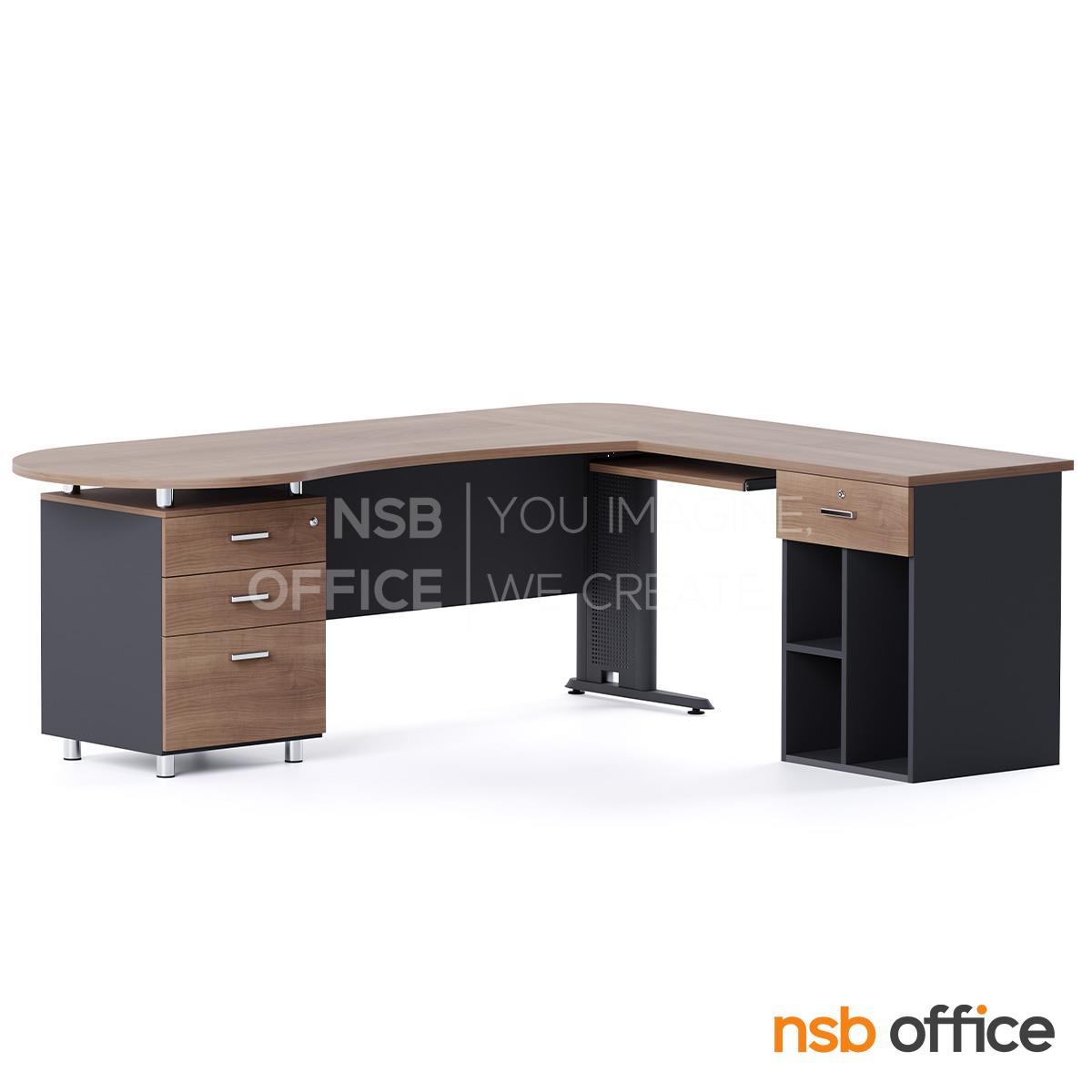โต๊ะผู้บริหารตัวแอลหัวโค้ง 4 ลิ้นชัก  รุ่น Devonne (เดวอน) ขนาด 210W1*180W2 cm. พร้อมโต๊ะคอมพิวเตอร์ต่อข้าง
