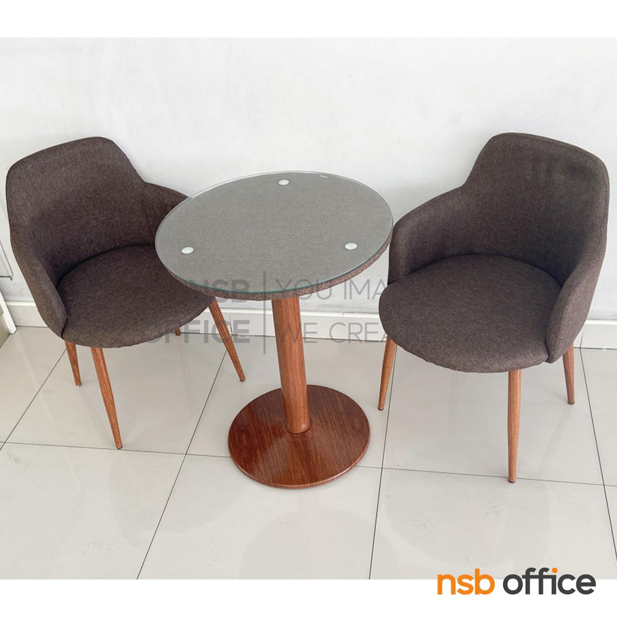 ชุดโต๊ะบาร์หน้ากระจก 2 ที่นั่ง รุ่น Zion (ไซออน)  พร้อมเก้าอี้เบาะหุ้มผ้า ขาเหล็กลายไม้