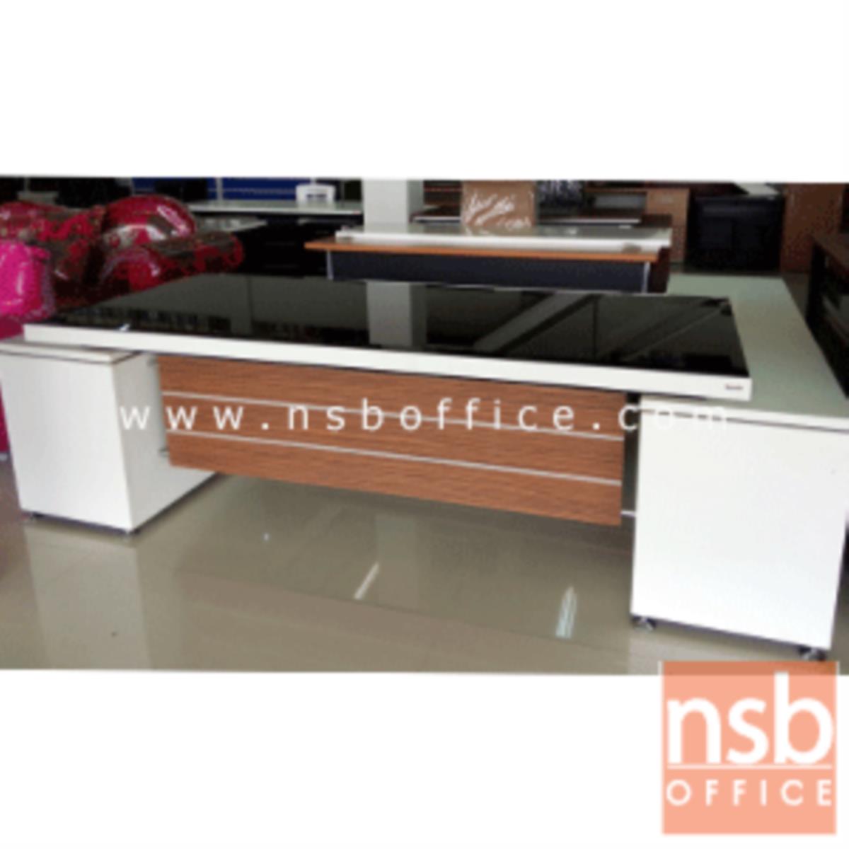 โต๊ะทำงานตัวแอลหน้ากระจก  รุ่น Nextline (เน็กซ์ไลน์) ขนาด 258W cm. สีซีบราโน่-ขาว