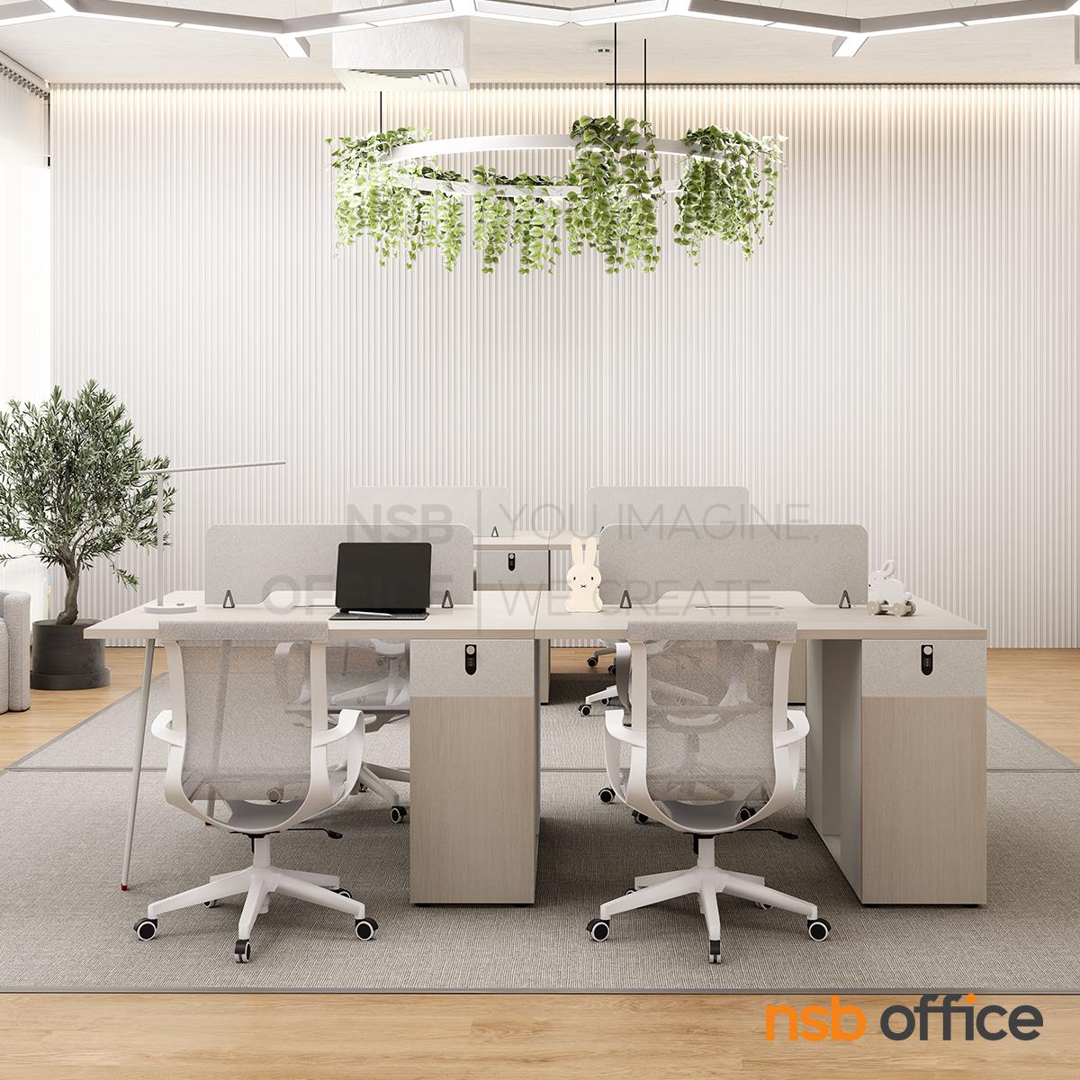 โต๊ะทำงานกลุ่ม 4 ที่นั่ง เสริมมินิสกรีนและตู้เก็บของ รุ่น Bonny (บอนนี่)  พร้อมเก้าอี้สำนักงานหลังเน็ต