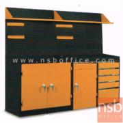 E09A023-1:ชุดตู้เก็บเครื่องมือช่าง ขนาด 215W*49.7D*183H cm. พร้อมแผ่นท็อปแผ่นชั้นและอุปกรณ์เสริม   (สีส้ม-ดำ) 
