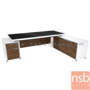 A34A005-2:โต๊ะผู้บริหารตัวแอลหน้ากระจก  รุ่น Nextline (เน็กซ์ไลน์)  ขนาด 258W cm. (แอลขวา) สีซีบราโน่-ขาว