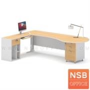 A13A050:โต๊ะผู้บริหารตัวแอลหัวโค้ง 4 ลิ้นชัก  รุ่น Devonne (เดวอน)  ขนาด 210W1*180W2 cm. พร้อมโต๊ะคอมพิวเตอร์ต่อข้าง 