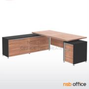 A33A013:โต๊ะผู้บริหารตัวแอล 2 ลิ้นชัก รุ่น Mystique (มิสทีค)  ขนาด 225W cm. พร้อมตู้ข้างลิ้นชัก สีวอลนัทตัดดำ 