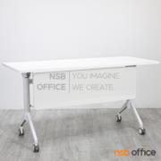 A20A051-1:โต๊ะประชุมพับเก็บได้ล้อเลื่อน รุ่น Fontina (ฟอนตินา)  ขนาด 150W cm. โครงขาเหล็กสีขาว บังตาไม้ ล้อล็อกได้