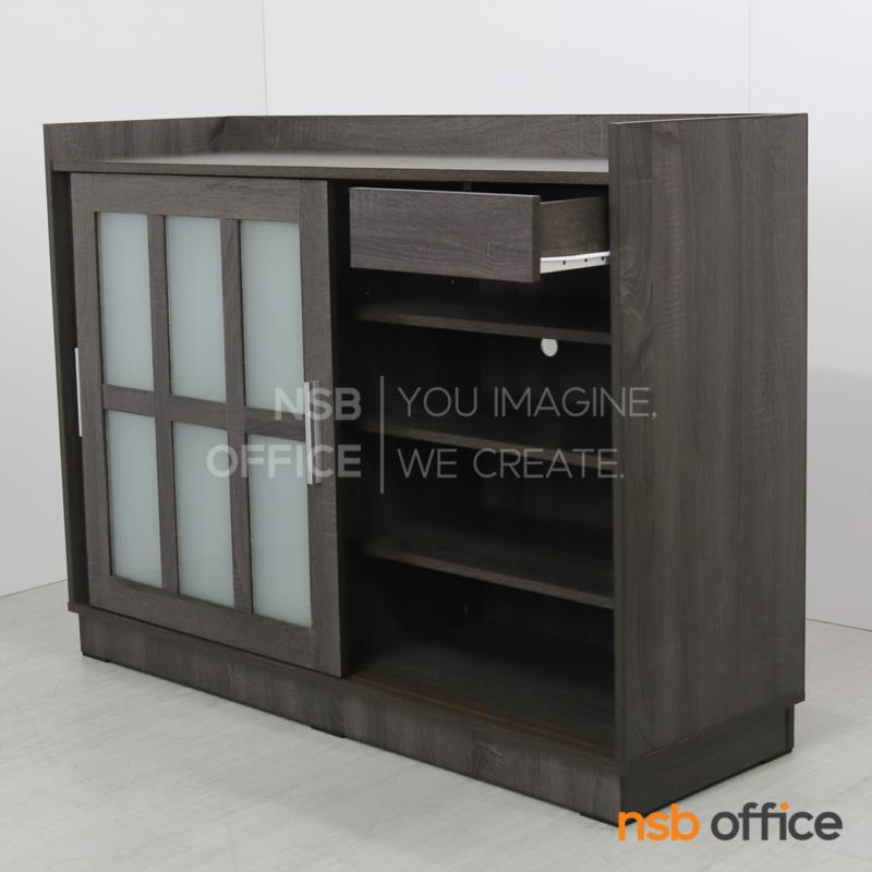 G05A020:ตู้รองเท้าบานเลื่อนเฟรมกระจก 120W*103H cm (26 คู่) ปิดผิวพีวีซีล้วน สีโอ๊ค