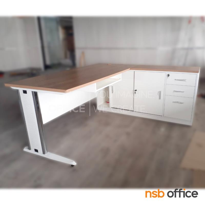 โต๊ะทำงานตัวแอล รุ่น NSB-NEW 2 ขนาด 135W, 150W, 180W cm. พร้อมบังโป๊และตู้ข้าง ขาเหล็กตัวแอล
