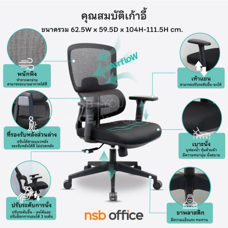 เก้าอี้สำนักงานหลังเน็ต รุ่น Blackrock (แบล็กร็อค)  โช้คแก๊ส ก้อนโยก ขาพลาสติก