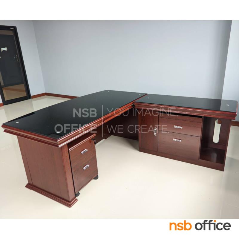 โต๊ะบริหารตัวแอลหน้ากระจก รุ่น Brittany (บริตทานี)  ขนาด 180W cm. พร้อมตู้ข้างและตู้ลิ้นชัก