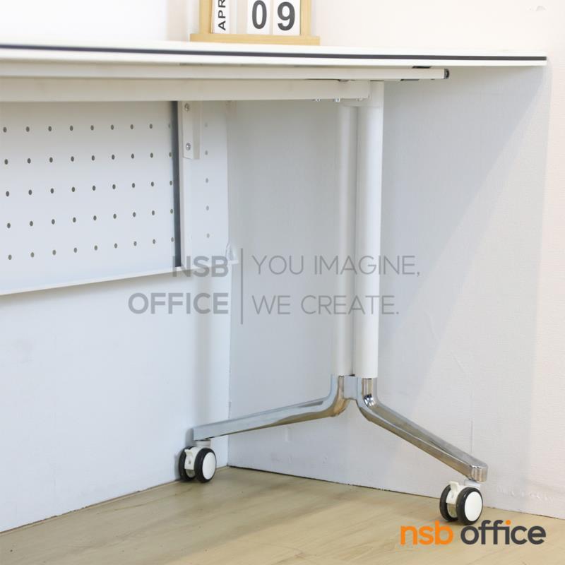 โต๊ะประชุมพับเก็บได้ล้อเลื่อน บังตาเหล็ก รุ่น Spiker (สไปเกอร์) ขนาด 120W ,150W และ 180W cm.  ขาเหล็กพ่นสีขาว ปลายขาอลูมิเนียม ล้อล็อกได้