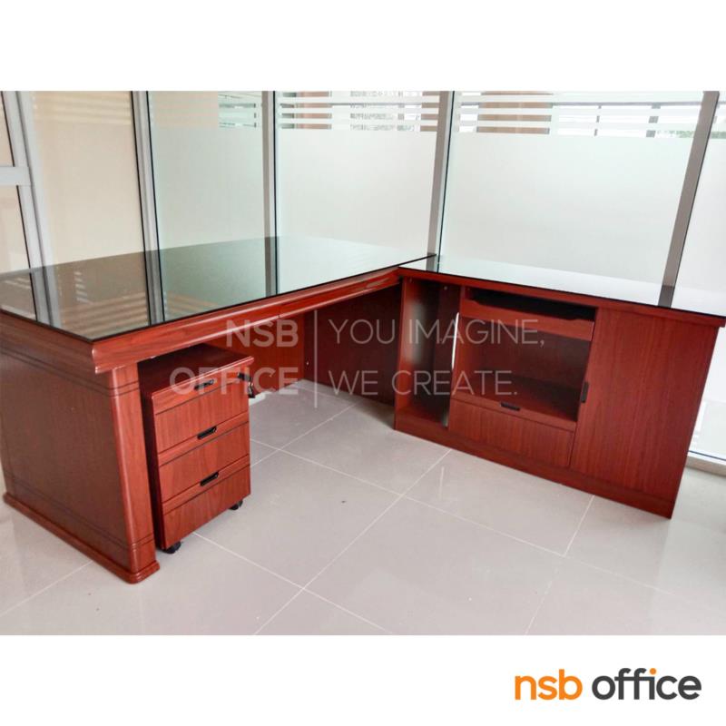 โต๊ะผู้บริหารตัวแอลหน้ากระจกสีชา รุ่น Ramiro (รามิโร่) ขนาด 160W, 180W, 200W cm.  พร้อมตู้ลิ้นชักและตู้ข้าง