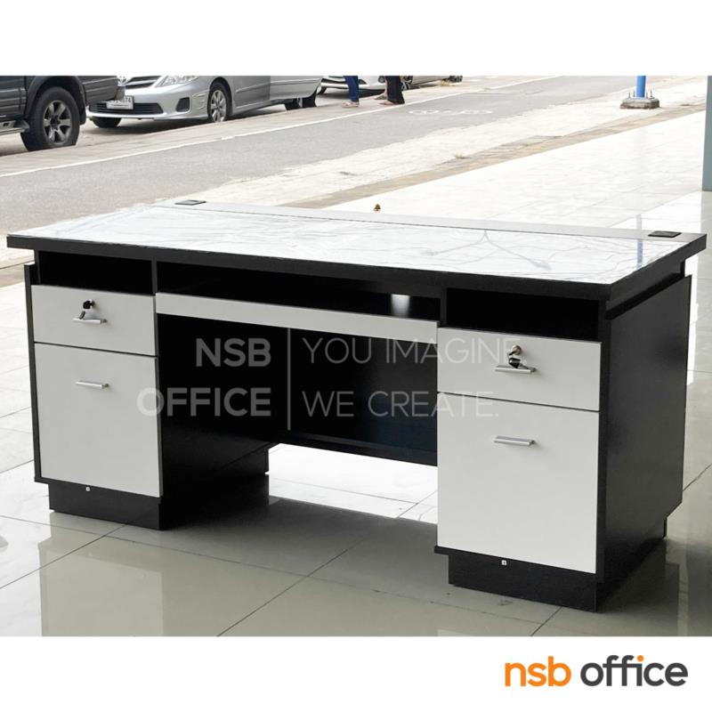 โต๊ะทำงานไม้ 2 ลิ้นชัก 2 บานเปิด รุ่น Tiffar (ทิฟฟาร์) ขนาด 160W*75D cm. ท็อปกระจกสีชา พร้อมรางคีย์บอร์ด