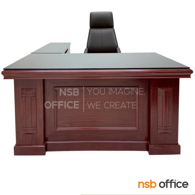 A06A162:โต๊ะผู้บริหารตัวแอลหน้ากระจก รุ่น Arbor (อาร์เบอร์) ขนาด 160W และ 180W cm. พร้อมตู้ข้างและตู้ลิ้นชัก