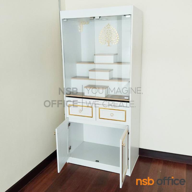 โต๊ะหมู่บูชามีบานกระจก มีไฟ  รุ่น ชนกันต์  ขนาด 80W cm. สีโซลิต/ขาว