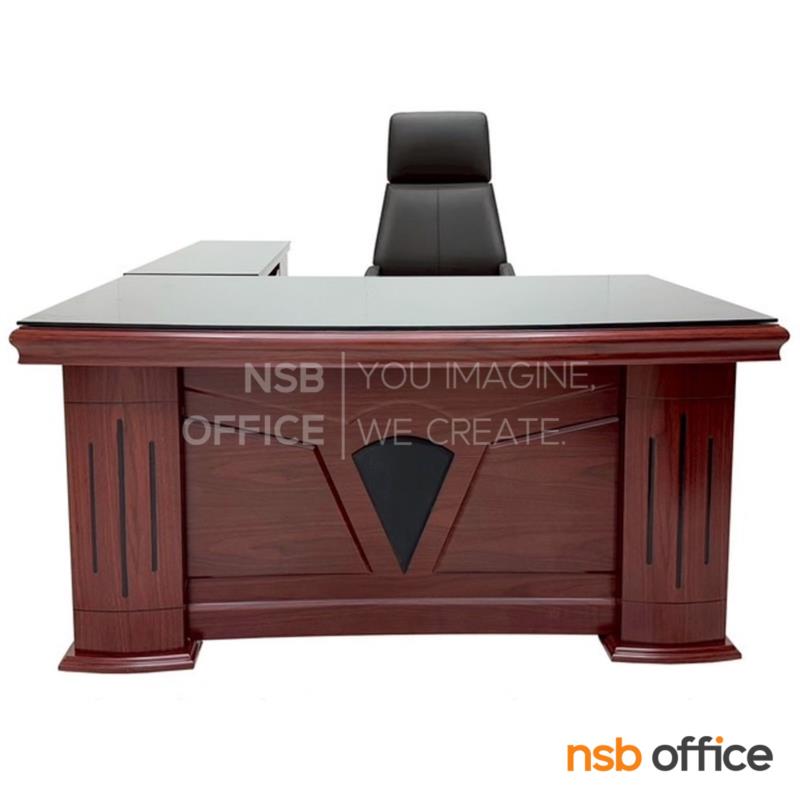 A06A161:โต๊ะผู้บริหารตัวแอลหน้ากระจก  รุ่น Albero (อัลเบโร) ขนาด 160W และ 180W cm.  พร้อมตู้ข้างและตู้ลิ้นชัก