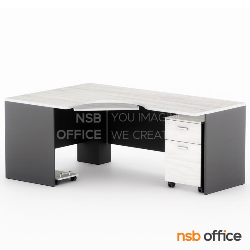 A13A002:โต๊ะผู้บริหารตัวแอลหน้าโค้งเว้า  รุ่น Lukaz 1 ขนาด 185W1*120W2 cm. พร้อมคีย์บอร์ด ที่วางซีพียูและตู้ลิ้นชัก