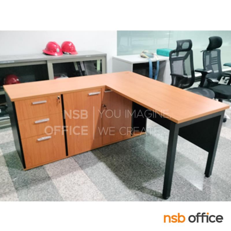 โต๊ะทำงานตัวแอล  รุ่น Infinite (อินฟิไนต์) ขนาด 150W cm.  พร้อมตู้เก็บเอกสารและบังโป๊ ขาเหล็ก