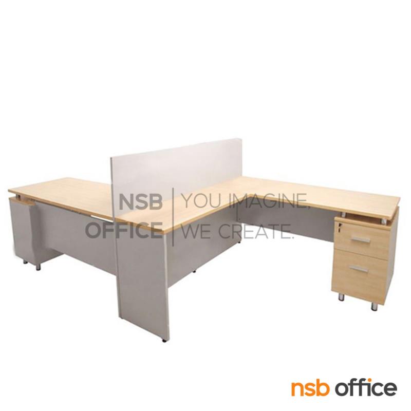 A27A034:ชุดโต๊ะทำงานตัวแอล 2 ที่นั่ง ด้านข้างชนกัน  รุ่น MN-WYT2823 ขนาด 282W ,322W cm. พร้อมไม้กั้นระหว่างโต๊ะ