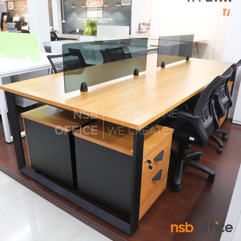 A27A108:โต๊ะทำงานกลุ่ม 4 ที่นั่ง พร้อมตู้ลิ้นชักล้อเลื่อน และมินิสกรีนกระจก Calipgo (คาลิปโก้) พร้อมเก้าอี้สำนักงานหลังเน็ต 