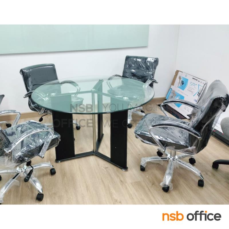 โต๊ะกลมหน้ากระจก รุ่น Phillip (ฟิลลิป) ขนาด 120Di ,150Di cm.  ขาเหล็กหุ้มหนัง