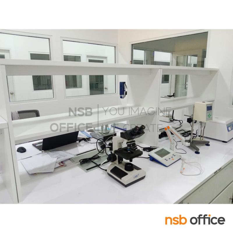 โต๊ะห้องแล็บ ท็อปลามิเนต HPL แบบมีชั้นต่อบน  รุ่น Courtney (คอร์ทนีย์) พร้อมป๊อปอัพ กึ่งกลางโต๊ะ รุ่น A24A047-1 