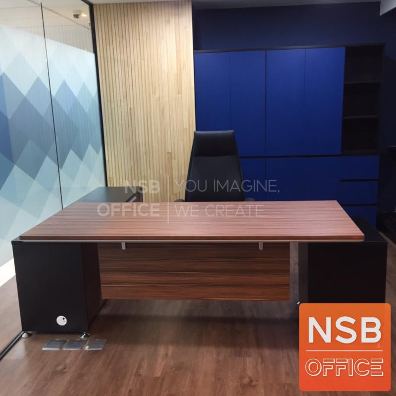 โต๊ะผู้บริหารตัวแอล 2 ลิ้นชัก รุ่น Mystique (มิสทีค) ขนาด 225W cm.  พร้อมตู้ข้างลิ้นชัก สีวอลนัทตัดดำ