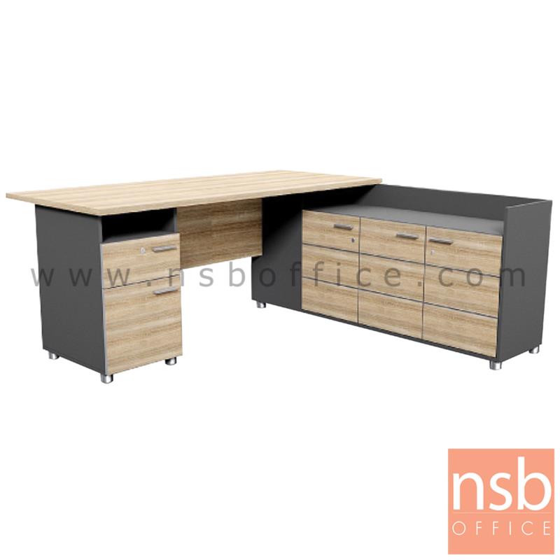 A13A196:โต๊ะผู้บริหาร 2 ลิ้นชัก  รุ่น RTK-1818  ขนาด 180W cm. พร้อมตู้แอลขวา เมลามีน สีแกรนโอ๊คตัดกราไฟท์