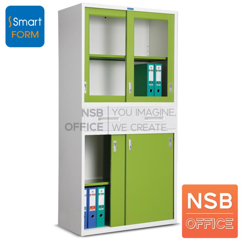 E18A018:ตู้เอกสารบนบานเลื่อนบนกระจก-ล่างทึบ รุ่น RD-72   พร้อม 2 ลิ้นชักกลาง