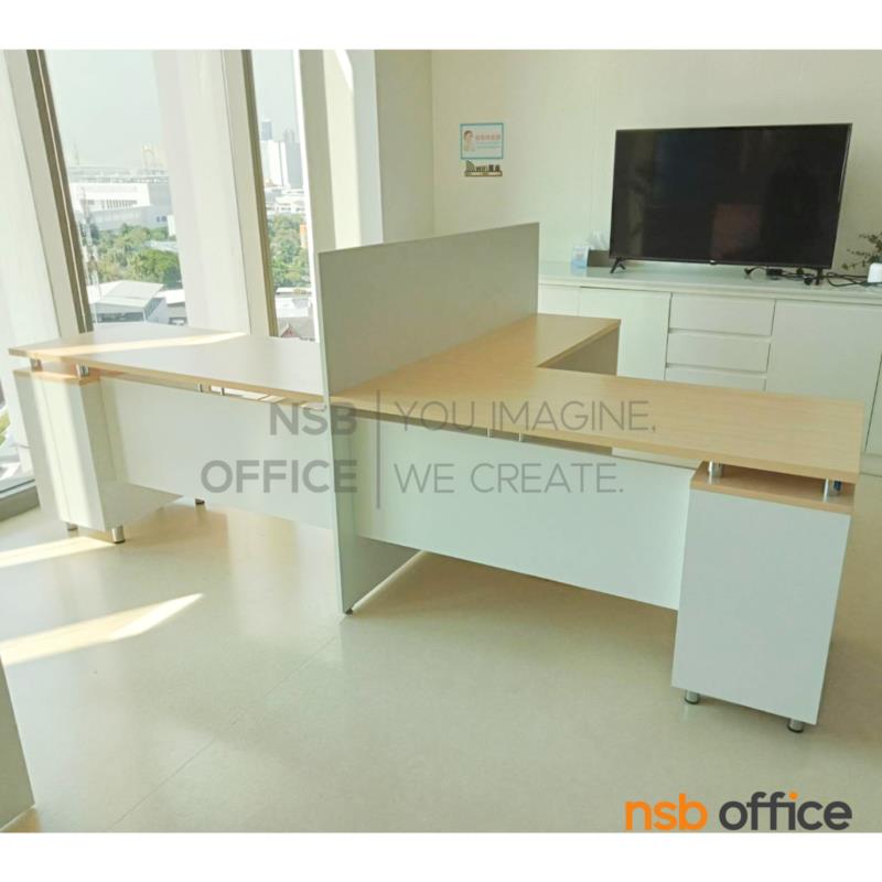 ชุดโต๊ะทำงานกลุ่มตัวแอล 2 ที่นั่ง  รุ่น MN-TYW2832 ขนาด 282W ,322W cm. พร้อมไม้กั้นระหว่างโต๊ะ