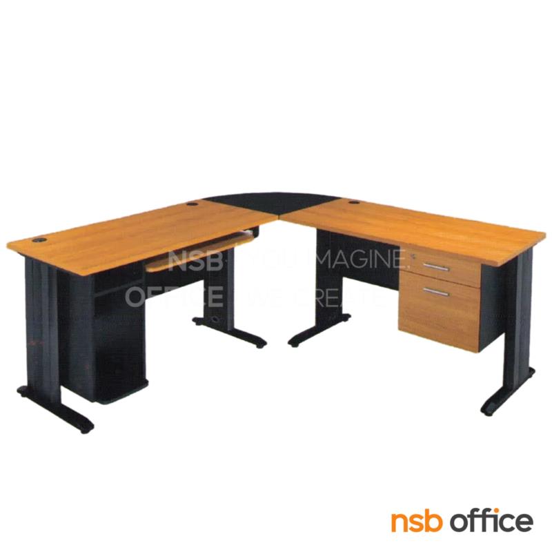 A10A004:โต๊ะผู้บริหารตัวแอลหัวโค้ง 2 ลิ้นชัก  รุ่น Lucky Wish (ลัคกี้ วิช) ขนาด 180W1*180W2 cm.  ขาเหล็ก