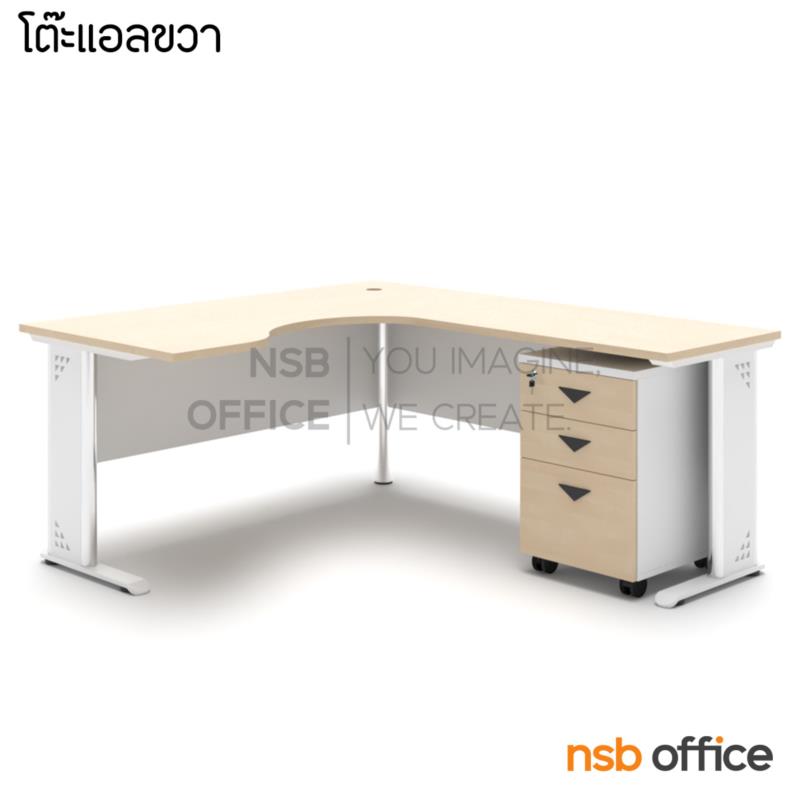 โต๊ะทำงานตัวแอลหน้าโค้งเว้า รุ่น Milford (มิลฟอร์ด)  ตู้ 3 ลิ้นชักล้อเลื่อน