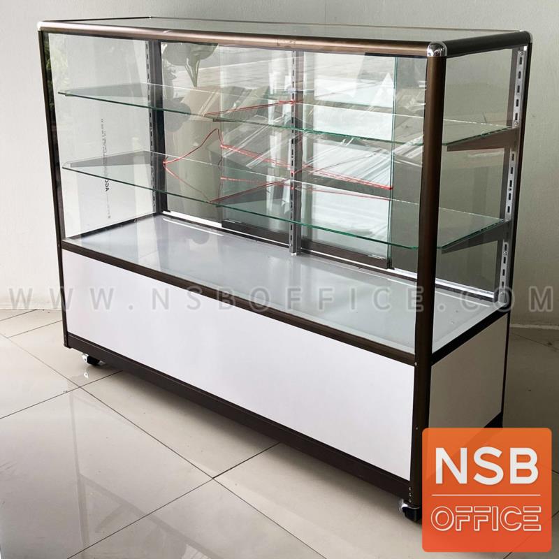 ตู้กระจกโชว์สินค้า มีช่องเก็บของด้านล่าง  สูง 100 ซม. โครงอลูมิเนียมมุมมน ล้อเลื่อน
