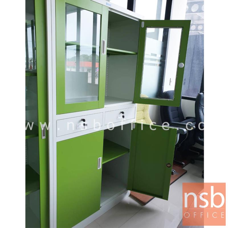 ตู้เอกสาร 4 บานเปิดบนกระจก-ล่างทึบ รุ่น IS-RD72  พร้อม 2 ลิ้นชักกลาง