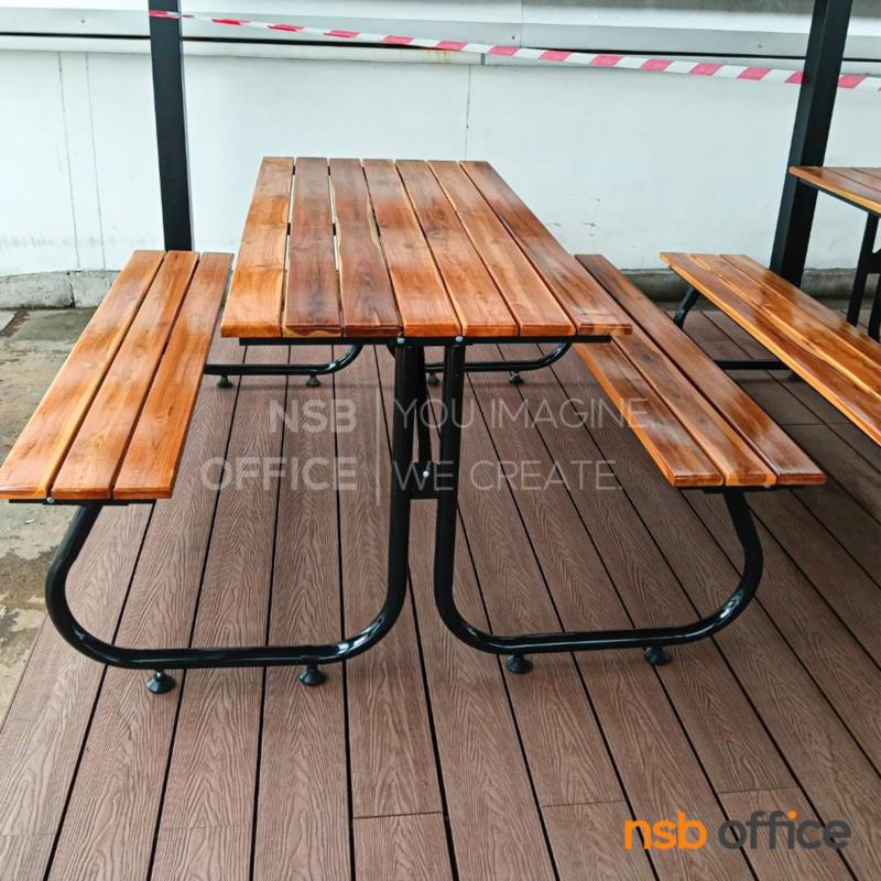 ชุดโต๊ะและเก้าอี้โรงอาหารหน้าไม้สักตีระแนง รุ่น PM-8 ขนาด 120W ,150W ,180W cm.  โครงเหล็ก